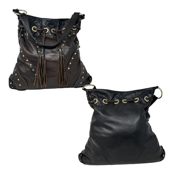 Bulga Brown Leather Studded Bucket Hobo Shoulder Bag Tassel Fringe Boho Hippie - Picture 12 of 16